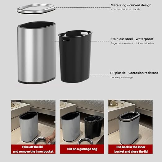 9L/2.4GAL Silver Bathroom Trash Can, Chrome Open Double Bin, Narrow Garbage Can for Bedroom, Hotel, Office, RV (Silver)