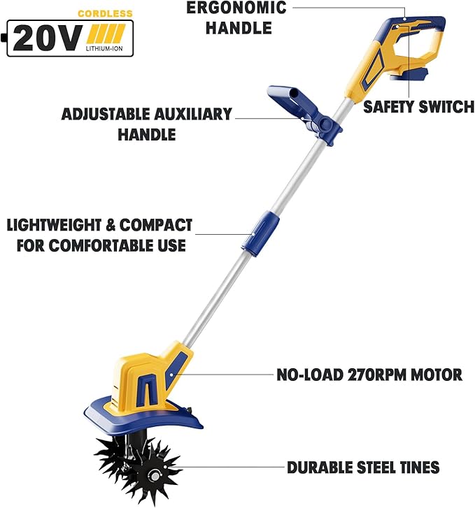 Cordless Tiller Cultivator Compatible with Dewalt 20V Battery, Electric Garden Rototiller w/270 RPM, 48 Steel Tines, 8.7" Tilling Width, 6.3" Depth, Portable Rotary Tiller, 4.0Ah Battery Included