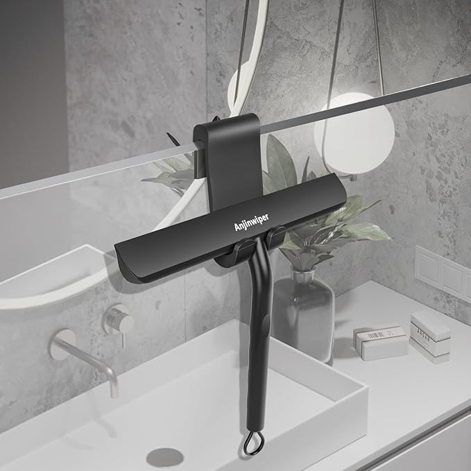 Shower Squeegee for Glass Doors with Adhesive Hook, All-Purpose Squeegee for Shower Glass, Bathroom, Window, Mirror, Car Glass and Tile Wall-8 Inches,Black
