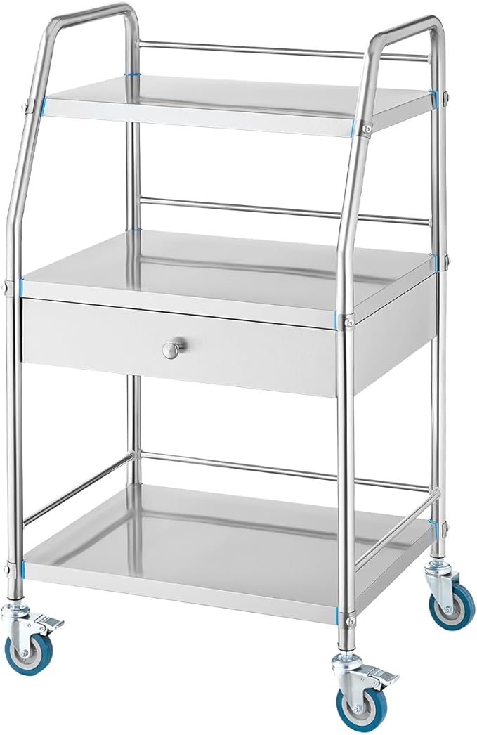VEVOR Service Cart, 3 Layers Stainless Steel Utility Rolling Cart with Drawer, Lockable Wheels, Ideal for Laboratory, Hospital, Dental Use