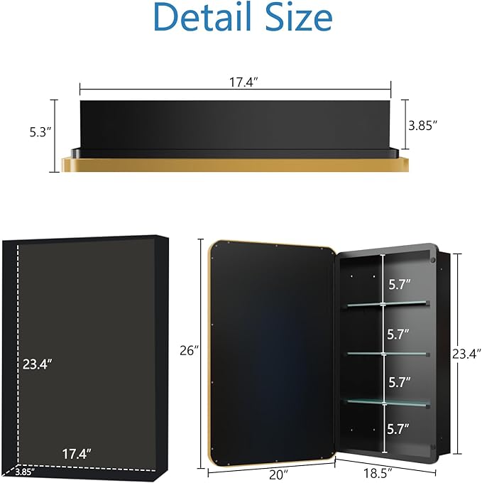 Bathroom Medicine Cabinet,20"x26" Mirror Door with Stainless Steel Brush Gold Frame,Recessed & Surface Wall Cabinet with Glass Shelves,Rust-Resistant Bathroom Storage Cabinet