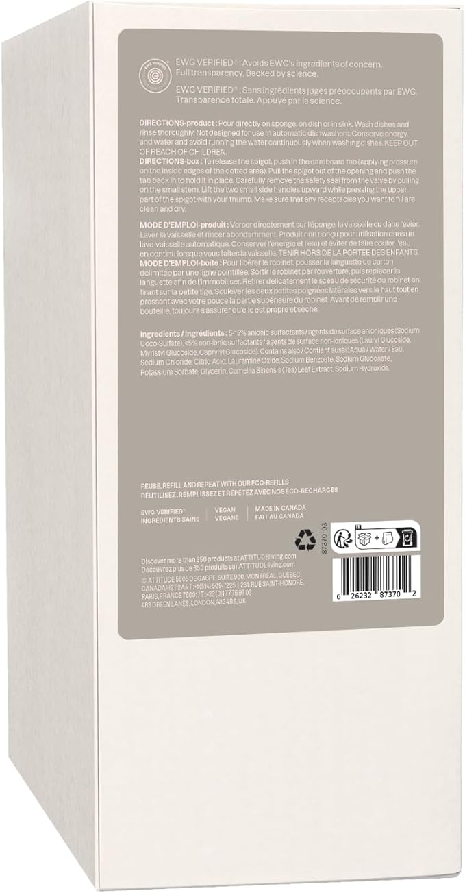 ATTITUDE Baby Dish Soap and Bottle Cleaner, EWG Verified Dishwashing Liquid, No Added Dyes or Fragrances, Tough on Milk Residue and Grease, Vegan, Bulk Refill Unscented, 67.6 Fl Oz