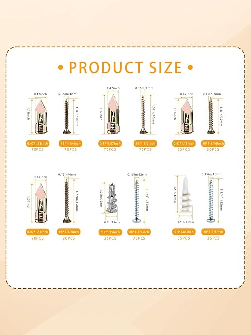 Self Drilling Drywall Anchors Kit with Screws 500PCS - 4 Sheetrock Anchors & 5 Screw Sizes New Upgraded Zinc Plated Steel and Plastic, No Drill or Holes in Wall for Wall Hanging,Various scenarios