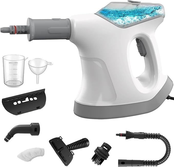Handheld Steam Cleaner for Home, 10S Immediate Heat Hand Held Steam Cleaner, with Visualized Large Water Tank & 9 PCS Accessories & Safety Lock, for Kitchen,Couch,Floor,Window,Car (WHITE+GRAY)