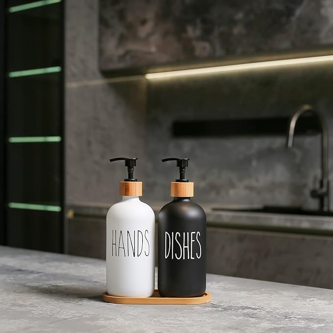 MOMEEMO Soap Dispenser Set, Contains Hand and Dish Soap Dispenser, Suitable for Kitchen Decor. (Black & White)