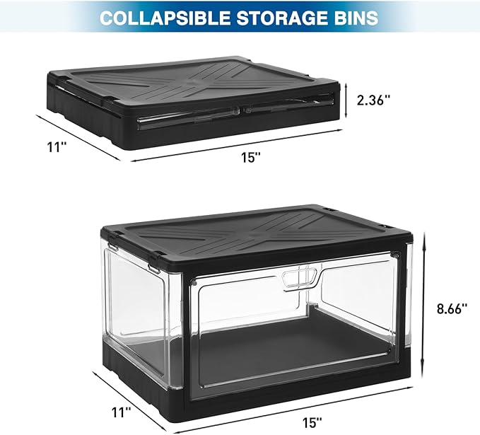 3-Pack Clear Stackable Storage Bins with Lids Magnetic Doors Open Front Foldable Folding Plastic Craft Containers Large Closet Organizers Box for Bedrooms Living Rooms Study 24 QT