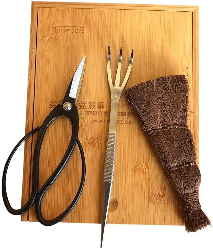 Tinyroots Bonsai Tool Kit - 3 Piece Set With Traditional Butterfly Shears, Japanese Hemp Broom, Three Pronged Rake & Bamboo Storage Case