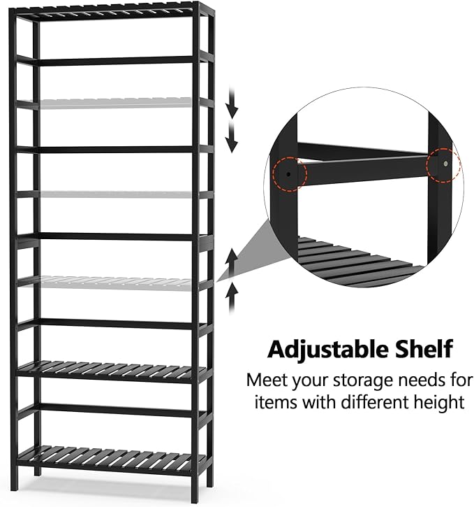 VASMIA 6-Tier Bamboo Shelf,Bamboo Storage Shelving Unit,Tall Bookcase with Adjustable Shelves,Multipurpose Storage Display Shelf for Bathroom, Living Room, Balcony, Kitchen,Black