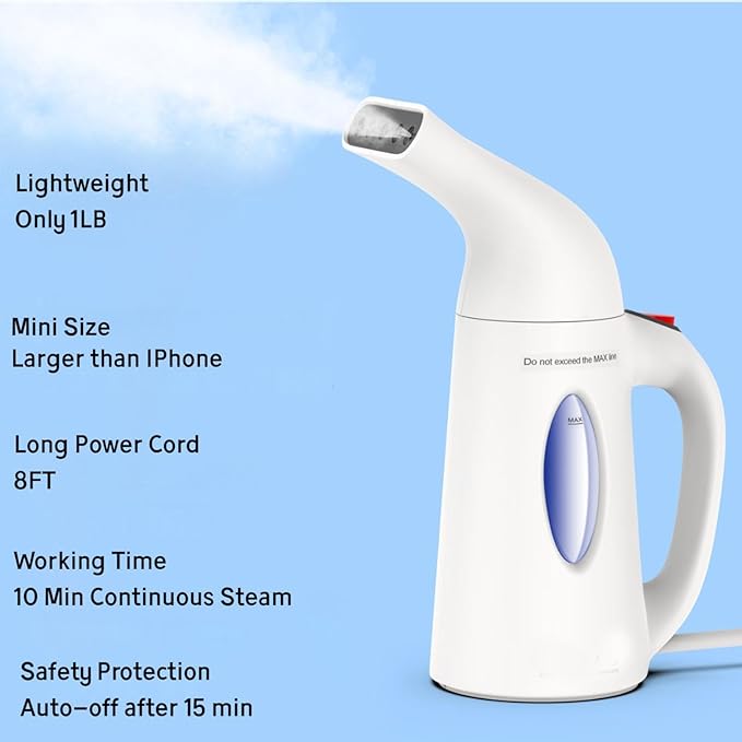 Steamer for Clothes, Travel Handheld Garment Steamer, Portable Clothes Steamer Remove Wrinkle,Ideal for ALL Fabrics,18 minutes Continuous Steam, One button Design, Easy to Use(Bright White)