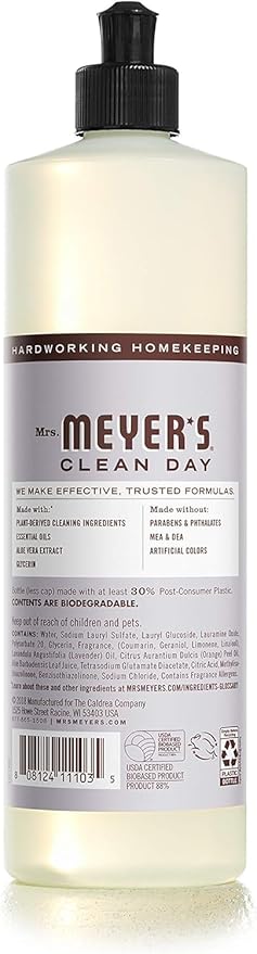 MRS. MEYER'S CLEAN DAY Liquid Dish Soap, Cruelty Free Formula, Lavender Scent, 16 oz- Pack of 6