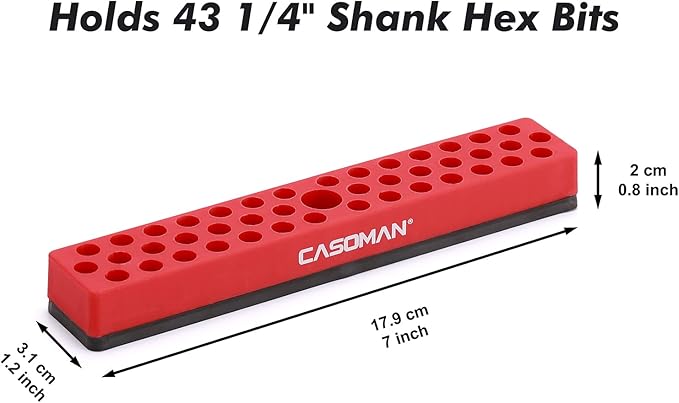 CASOMAN 1/4" Hex Bit Organizer with Magnetic Base - Red, 43 Hole Bit Organizer with Strong Magnetic Base, Magnetic Bit Organizer for Your Specialty