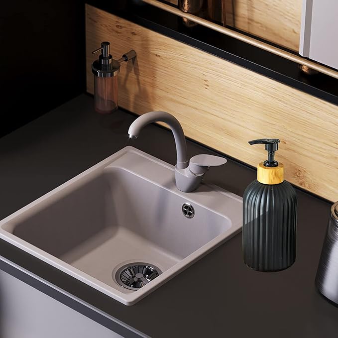 Black Glass Soap Dispenser Set with Bamboo Pump, 13.5oz Refillable Liquid Hand Soap Dispenser, Lotion Dish Soap Dispenser for Modern Home Decor, Bathroom, Kitchen Countertop, Hotel(2 Pack)