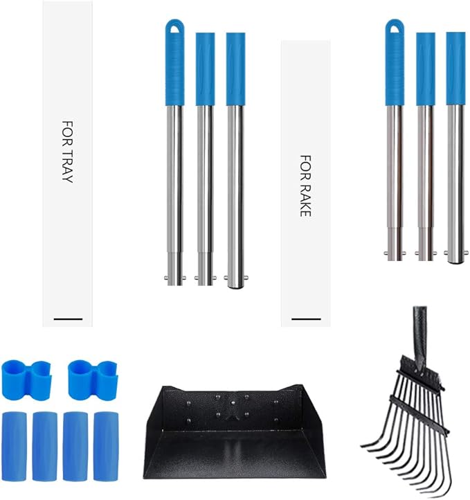 QiMH Upgraded Dog Pooper Scooper Extra Large, Adjustable Long Handle Stainless Metal Pet Poop Tray and Rake Set for Large Medium Small Dogs, Dog Waste Removal Bin Rake, Great for Grass, Street, Gravel