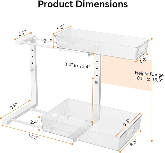 REALINN Under Sink Organizer, Height Adjustable Under Sink Organizers and Storage, 2 Tier Pull Out Drawer Cabinet Storage for Kitchen Bathroom, 2 Pack, Clear