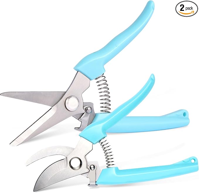 2 Pack Stainless Steel Pruning Shears & Garden Shears, Sharp Bypass & Straight Blade Garden Scissors, Comfortable Grip & Safety Lock for Pruning, Cutting and Fruit Picking