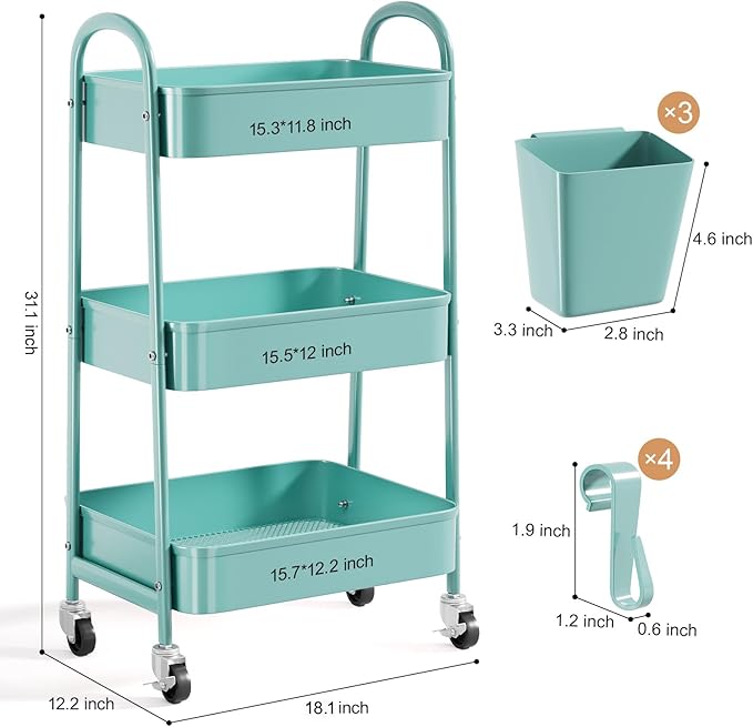 3 Tier Turquoise Metal Mesh Rolling Cart, Storage Cart with Handle and Lockable Wheels, Multifunctional Three Tiered Utility Organizer Cart on Wheels for Kitchen, Office, Bathroom, Crafts, Arts, Snack