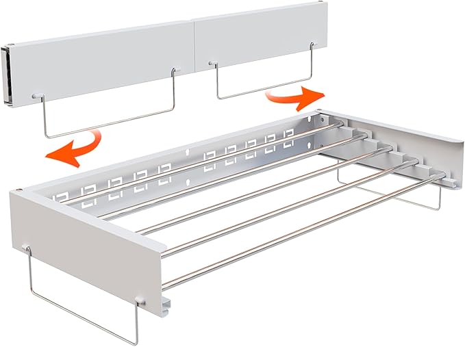 Wall Mounted Hidden Clothes Drying Rack - Pull-Out Laundry Organizer with 5 Stainless Steel Rods - Collapsible & Foldable for Laundry Room/Bathroom - Heavy Duty & Space Saving (31.5", White)