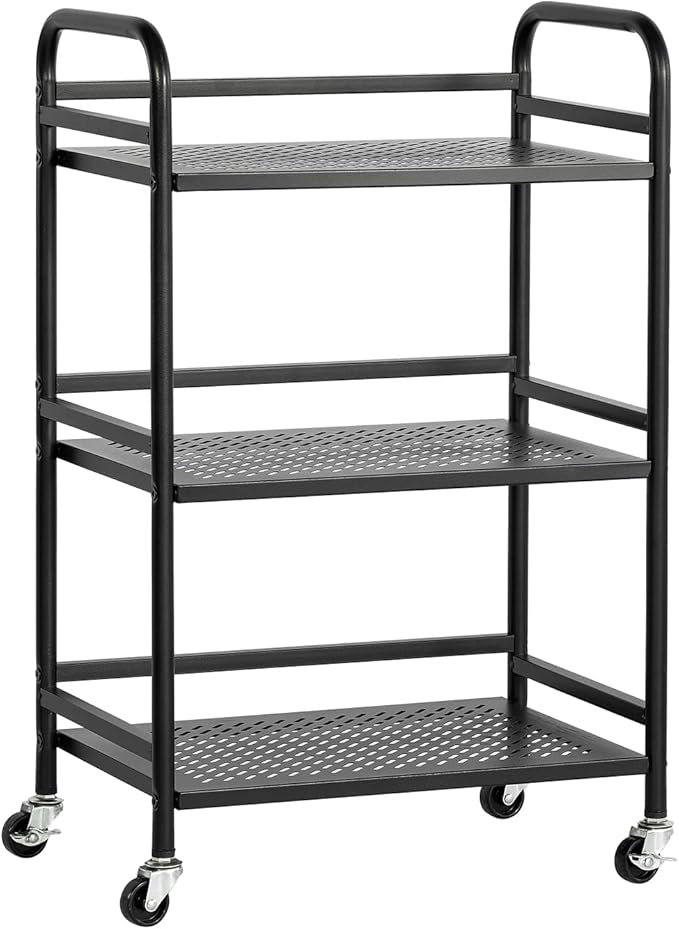 HDANI 3 Tier Rolling Cart,Heavy Duty Multifunctional Metal Frame-Supports 22 Lbs Per Tier,Rolling Cart with 2 Lockable Wheels for Office,Home,Bedroom,Kitchen,Bathroom (Black)…