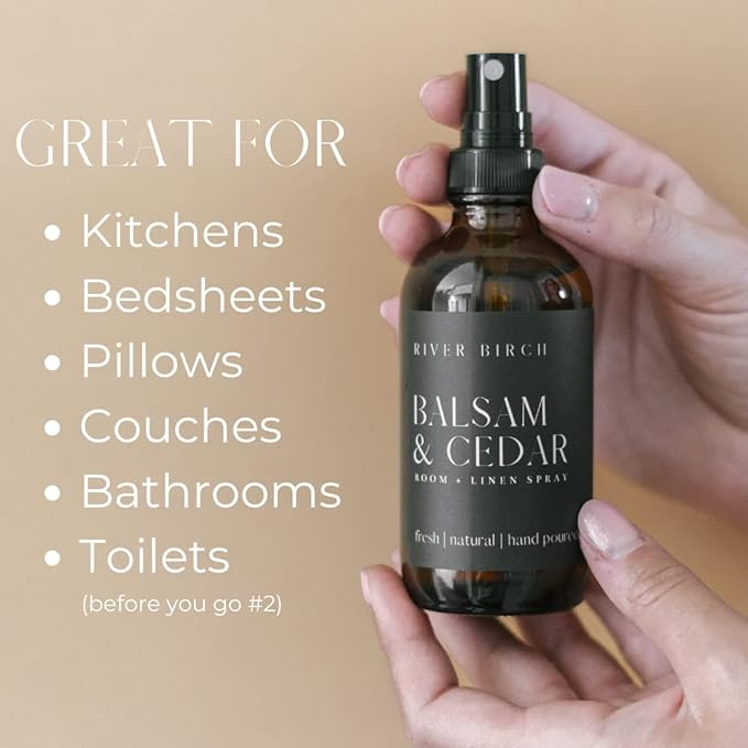 River Birch Luxury Linen and Room Spray - Home Signature Scent Balsam and Cedar Room Fragrance Spray - Fragrant Fresh Linen Air Freshener For Bedding - Handmade in Texas - 4 oz Glass Amber Bottle