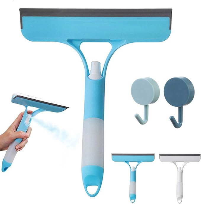 3 in 1 Window Cleaning Scraper, 3 in 1 Window Cleaner Squeegee, Scraper for Cleaning Windows, All-Purpose Window Squeegee with Sprayer for Glass, Wall, Kitchen, Car (Blue)
