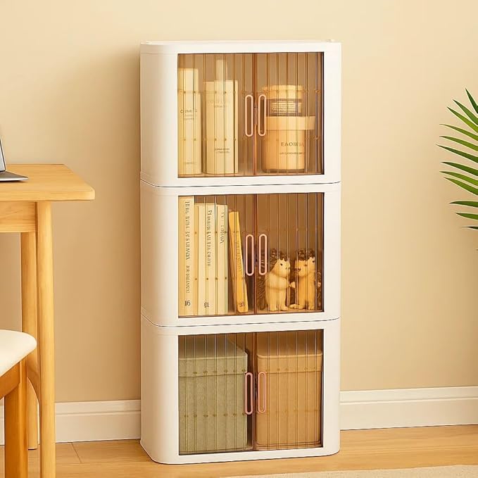 Storage Bins with Lids and Doors Stackable Plastic Pantry Cabinet Cupboard Storage Cabinet with Wheels Organizer for Bedroom, Bathroom, Office, Kitchen – Modern Freestanding Storage Unit, White
