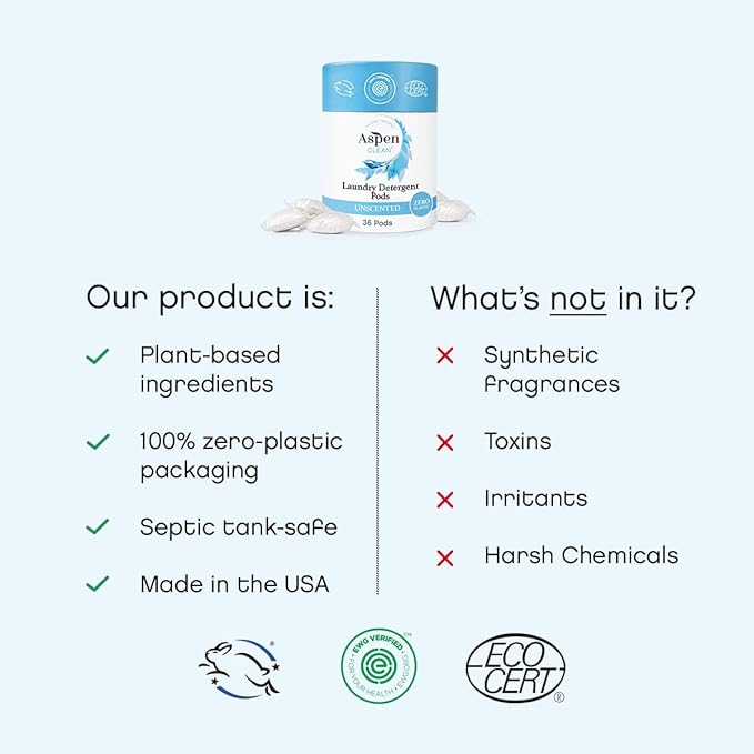 Unscented Laundry Pods by AspenClean, New and Improved Packaging, Zero Plastic, EWG Verified™, Vegan, Non-Bio, Hypoallergenic Natural Laundry Detergent - 36 Count