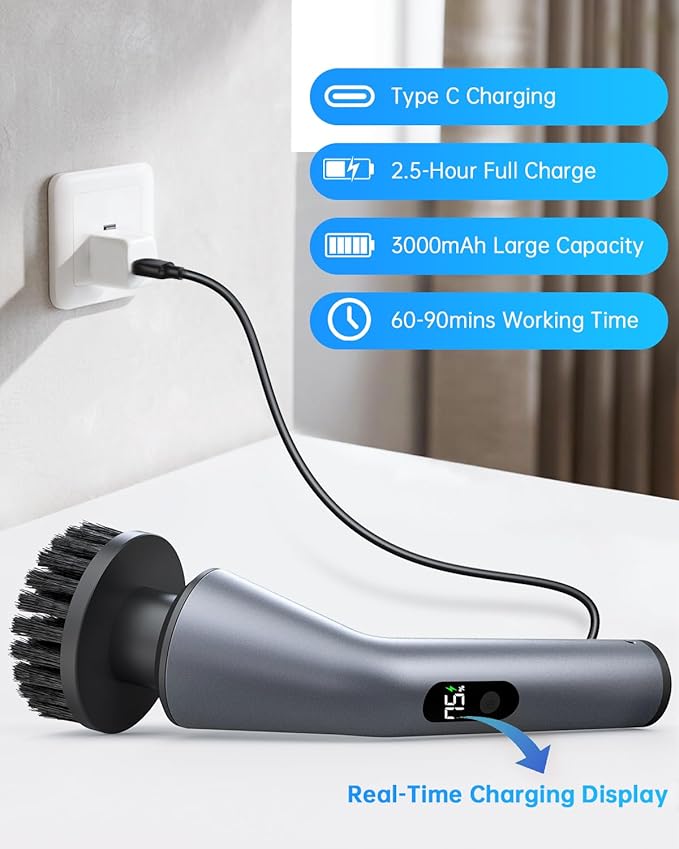 Electric Spin Scrubber, IPX7 Waterproof Dual Speed Cordless Cleaning Brush with 7 Brush Heads, Extendable Long Handle Shower Scrubber for Bathroom Shower Bathtub Glass Tub Tile Floor Car