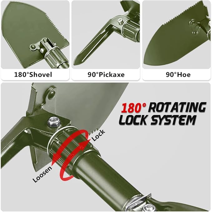 Camping Shovel, 18.5'' Digging Shovel Portable Ergonomic High Carbon Steel Folding Shovel for All Occasions Outdoor Camping Hiking Garden (Green/Silver)
