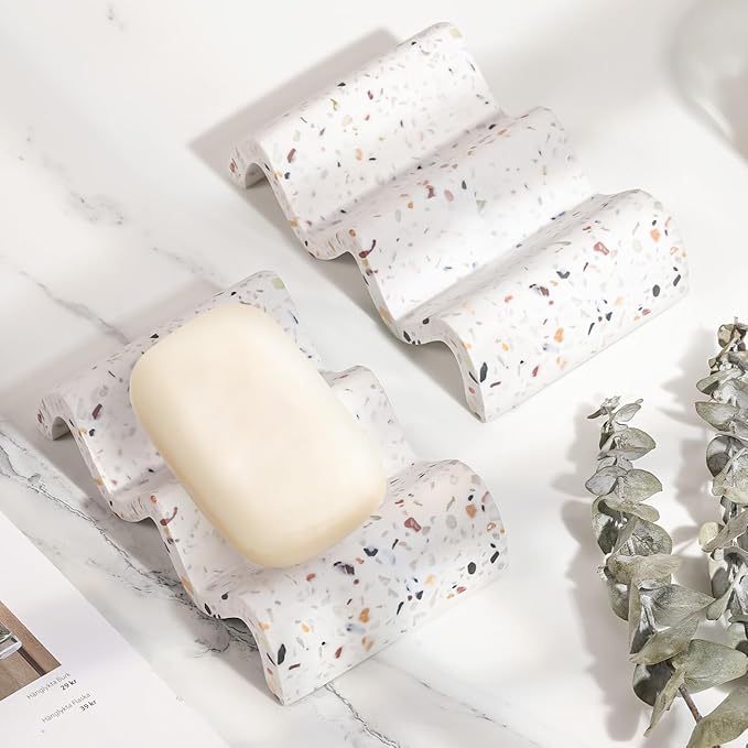 Luxspire Soap Dish, Marble Soap Dish, Self-draining Tray, Soap Holder Saver for Shower, Bathroom, Sink, Kitchen and Countertop - Terrazzo