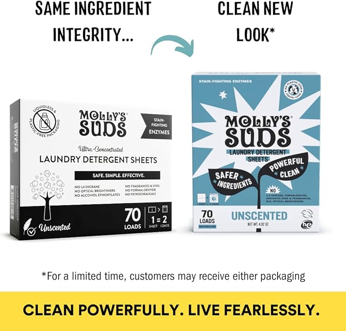 Molly’s Suds Laundry Detergent Sheets | Gentle on Sensitive Skin, Powerful Bio-Based Enzymes, Stain-Fighting | Liquidless & Plastic-Free Packaging | 120 Loads (Unscented)