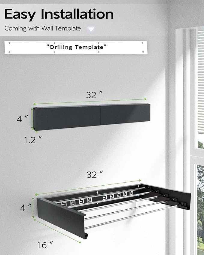 Wall Mounted Clothes Drying Rack 32", Foldable Wall Mount Laundry Rack Folding Indoor, Drying Rack Clothing Collapsible, Hidden Space Saver with Wall Template, 5 Rods, Black