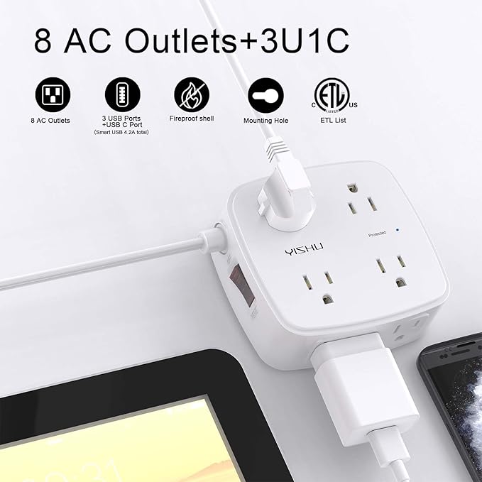 10 Ft Surge Protector Power Strip - YISHU 8 Widely Outlets with 4 USB Ports, 3 Side Outlet Extender with 10 Feet Flat Extension Cord, Ultra Flat Plug, Wall Mount, Desk USB Charging Station, ETL, White