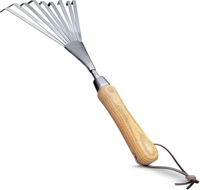 Garden Guru Eco Hand Rake Soil Tiller- 100% Recycled Stainless Steel - Rust Resistant - FSC Certified Wood Ergonomic Handle - Great for Gardening, Cultivating, Loosening Soil & Spreading Mulch