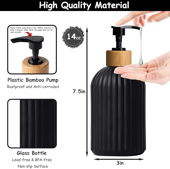 Black Glass Soap Dispenser Set with Bamboo Pump, 13.5oz Refillable Liquid Hand Soap Dispenser, Lotion Dish Soap Dispenser for Modern Home Decor, Bathroom, Kitchen Countertop, Hotel(2 Pack)