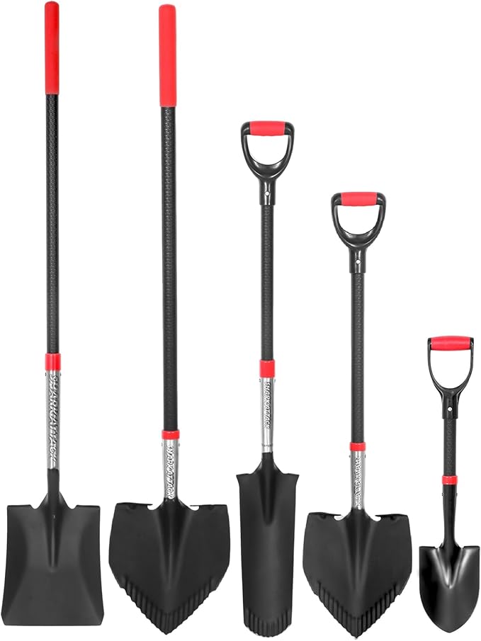 SHARK ATTACK Garden Shovel Set with D-Grip Handles - Multi-Size Steel Garden Shovels with Powder Coating for Digging, Planting & Car Emergency