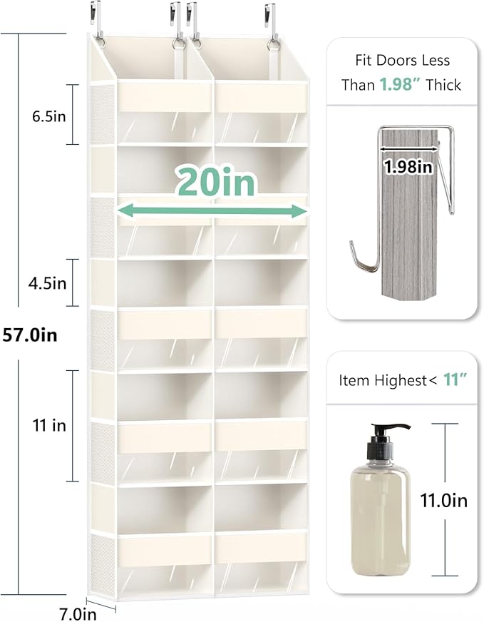 Heavy Duty Over The Door Organizer 5 Tiers, Extra Large Behind Door Storage of 10 Big Front & 10 Mesh Pockets, 80lb Weight Capacity, Doors Organizer Hanging for Closet Bathroom Bedroom Nursery, Beige