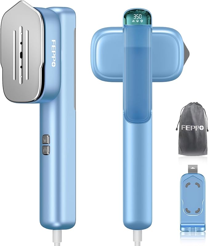 FEPPO Travel Steamer for Clothes, 110-240V Dual Voltage Portable Steamer & Iron 2 in 1, Fast Heat Up, 1100W Powerful Garment Steamer, Large Ceramic Heat Panel for Home & Global & Europe Traveling