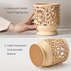 Farmhouse Kitchen Utensil Holder for Countertop, Ceramic Large Cooking Utensil Crock with Cork Mat, Decorative Rustic Utensil Holder for Kitchen Counter, Hollow Carving Flower, Beige