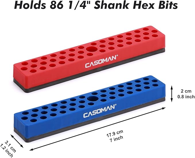 CASOMAN 2PCS 1/4" Hex Bit Organizer with Magnetic Base - Red & Blue, 86 Hole Bit Organizer with Strong Magnetic Base, Magnetic Bit Organizer for Your Specialty
