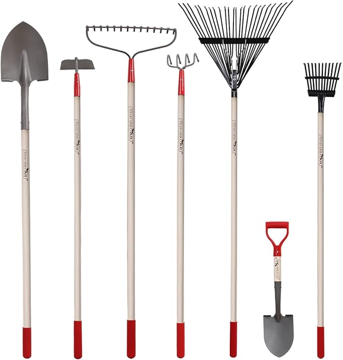 GardenAll 7-Piece Shovels Rakes Hoe Set Garden Tools Gifts for Women Long Wood Handle Pointy Shovels for Digging Short Handle Shovel Meteal Rakes Cultivator Set