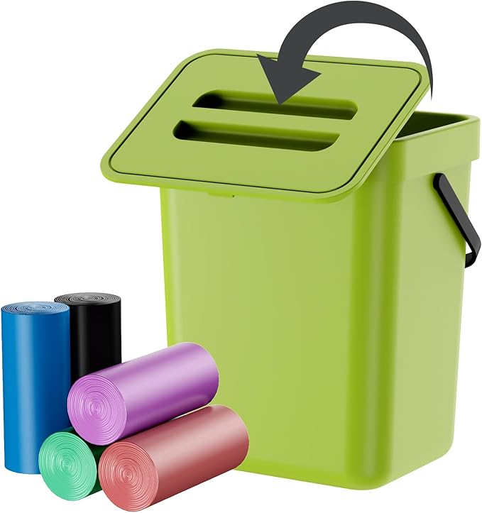 Compost Bin Kitchen, Bring 5 Rolls (100) of Garbage Bags, for Use on Countertops or Under Sinks, Hanging Trash Can with Lid, for Cupboard/Bathroom/Bedroom/Office/Camping(Green 1.3 Gallon/5L)