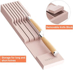 Bamboo-Silverware-Drawer-Organizer-Kitchen, Expandable Utensil Holder Cutlery Tray Flatware Organization Adjustable Wood Tableware Dividers Storage (with Removable Knife Block)(Grey Pink)