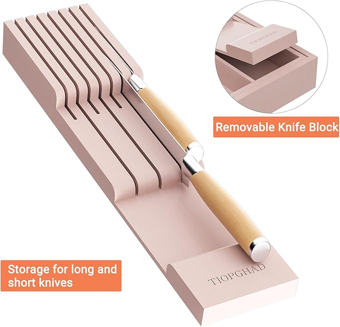 Bamboo-Silverware-Drawer-Organizer-Kitchen, Expandable Utensil Holder Cutlery Tray Flatware Organization Adjustable Wood Tableware Dividers Storage (with Removable Knife Block)(Grey Pink)