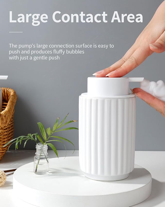 Foaming Soap Dispenser, White Ceramic Refillable Foam Hand Soap Pump for Bathroom Kitchen, 10.5OZ Lotion Dispenser, Foaming Dish Soap Dispenser, Modern Stripe Design, ANTIS'S HOME