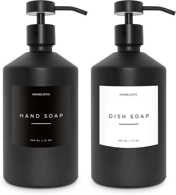 Luxury Glass Soap Dispenser Set of 2 - Elegant Glass Bottles with Matte Black Pumps, Ideal for Kitchen and Bathroom for Hand and Dish Soaps