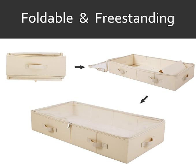 Pack of 2, Visible Lid Underbed Clothes Storage Bins for Shoes, Blankets, Sheets Organizer, 6" Height 7" Tall Under the Bed Storage Containers, Beige