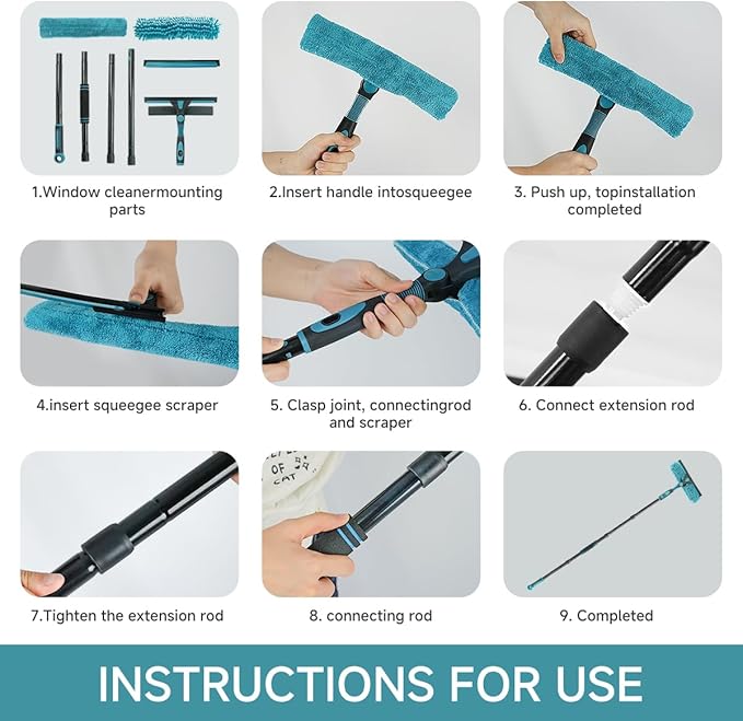 AIDELY 62" Window Squeegee, 2 in 1 Window Cleaning Tool with Telescopic Pole, Rotatable and Bendable Head for High Windows Indoor Outdoor, Includes 2 Blades & 2 Pads (Microfiber+Pads)