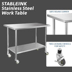 STABLEINK Stainless Steel Table with Caster Wheels 24 x 48 Inches, NSF Commercial Prep & Work Table with Adjustable Undershelf and Table Foot, for Commercial Kitchen, Restaurant, Hotel and Garage