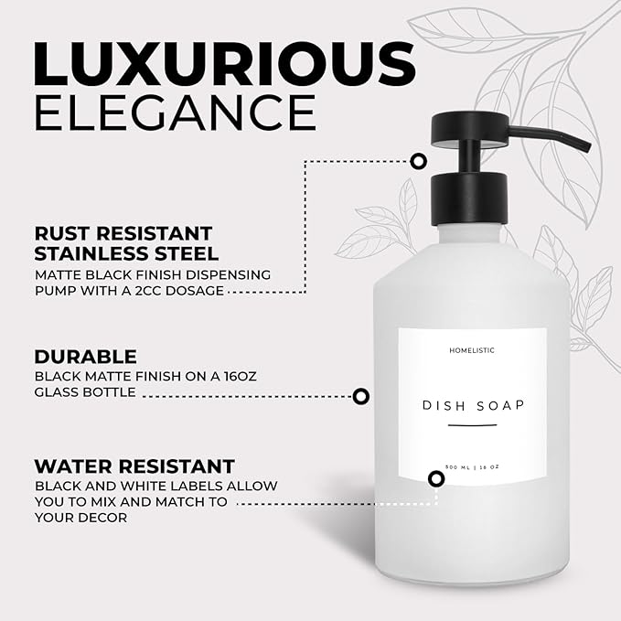 Luxury Glass Soap Dispenser Set of 2 - Elegant Aesthetic White Glass Bottles with Modern Matte Black Stainless Steel Pumps, Ideal for Kitchen, Bathroom, Hand Soap, Dish Soap, and More.