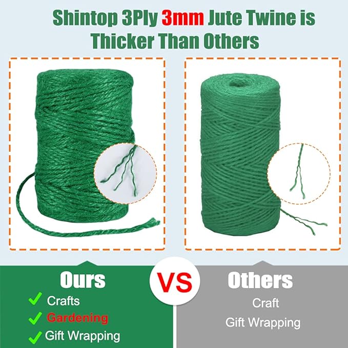 Garden Twine, Green Plant Twine 328 Feet 3mm Thick 3Ply Heavy Duty Jute String for Gardening, DIY Crafts Wrapping